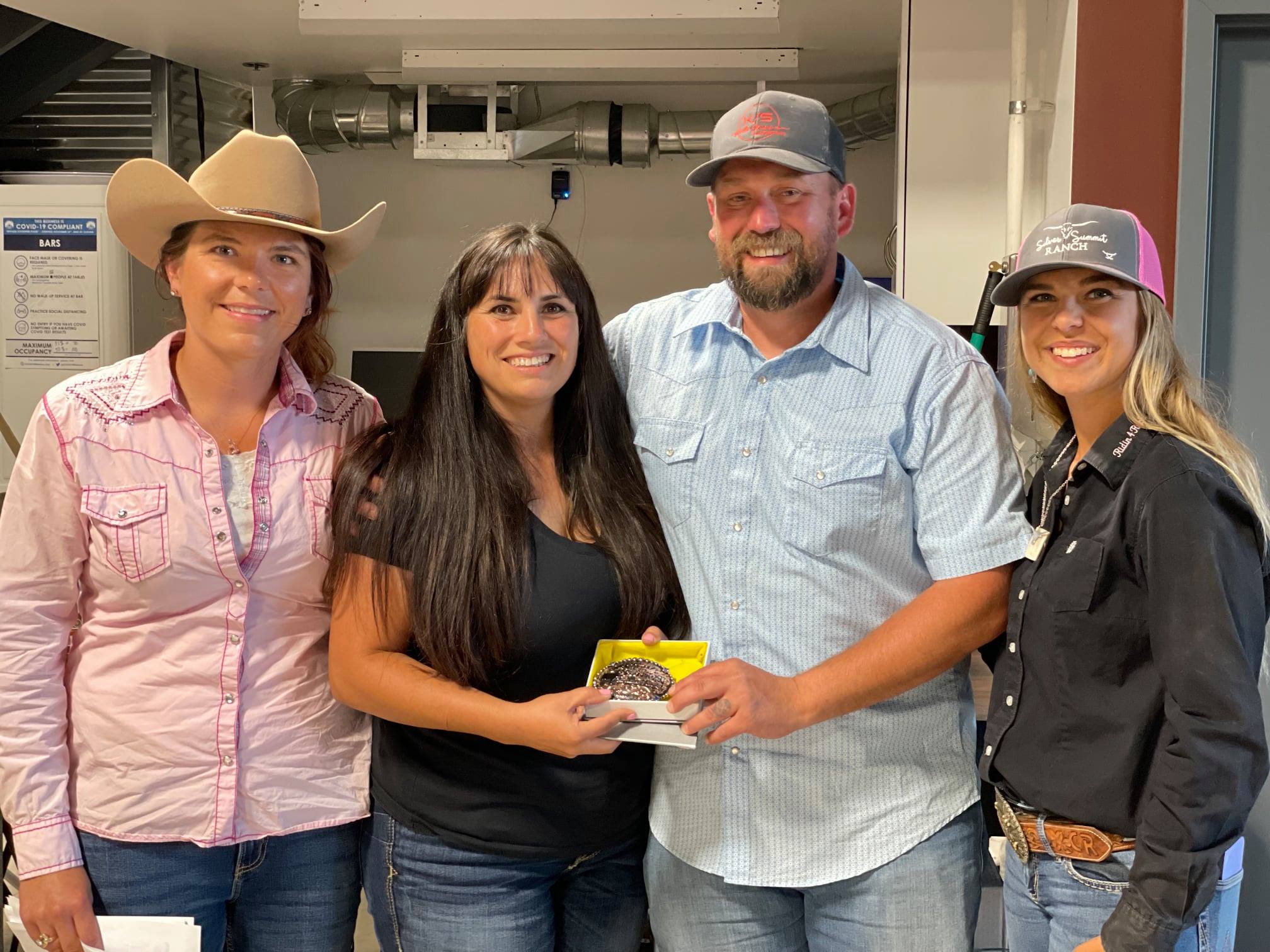 Cattleman's Choice High Point Bull winners Sean and Katrina Gates with Sale and Futurity Hosts Melissa Boerst and Carley Ingram